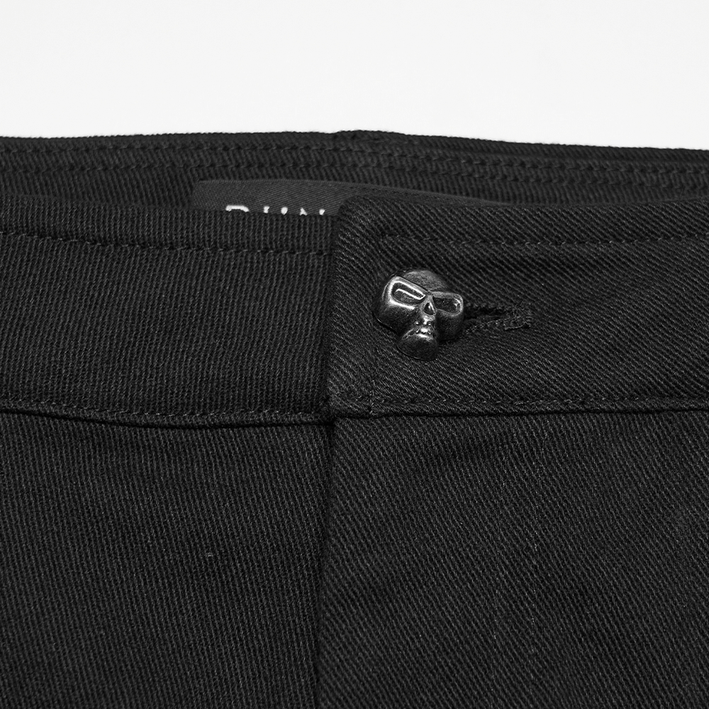 Close-up of Gothic Punk Cutout Denim Shorts with Harness Straps featuring a skull metal accent detail.