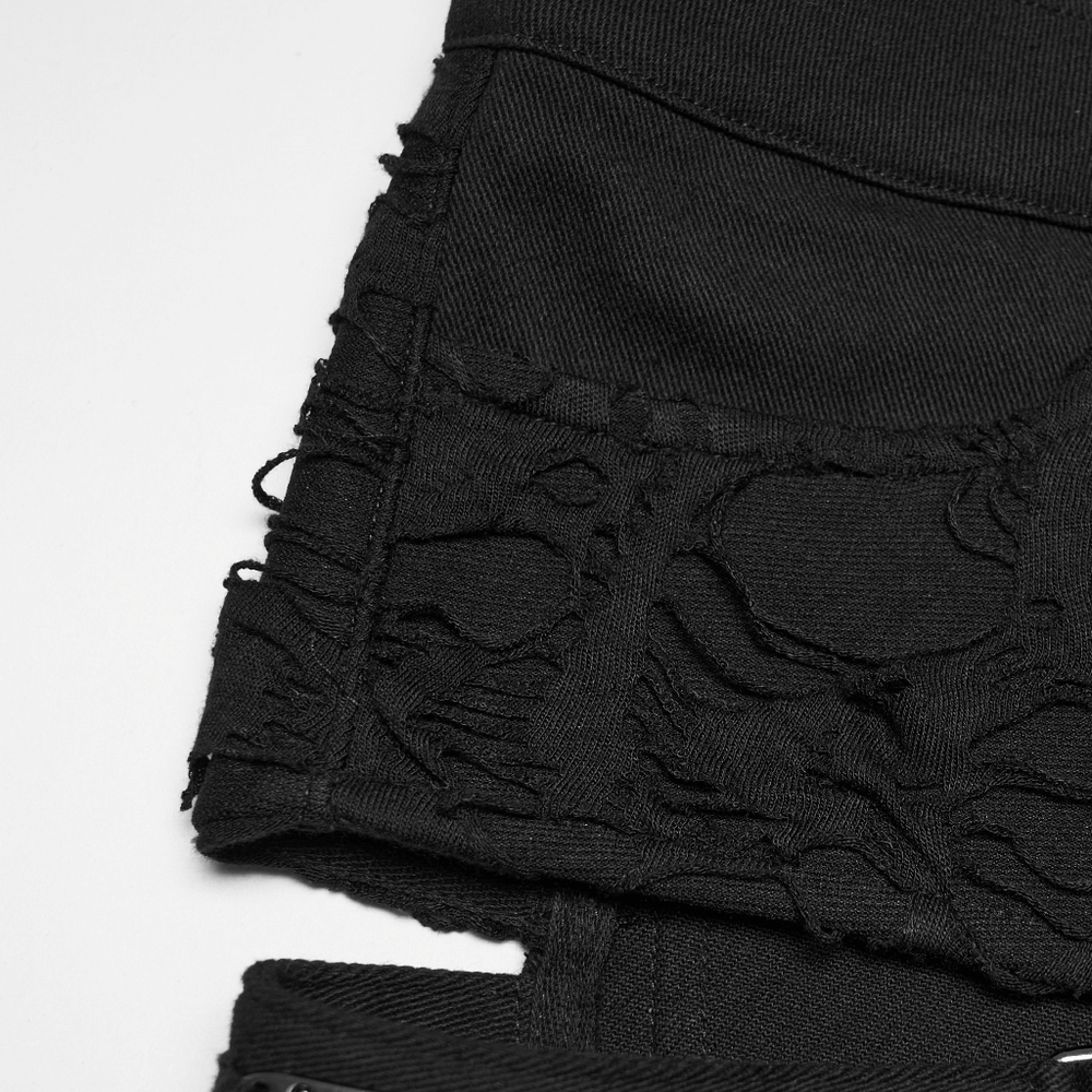Gothic Punk Cutout Denim Shorts with Harness Straps showcasing bold hollow side cutouts and edgy tattered fabric details.