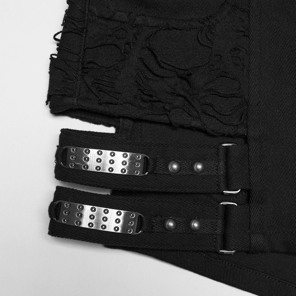 Gothic Punk Cutout Denim Shorts with Harness Straps featuring bold tattered cutouts and distinctive harness buckle accents.