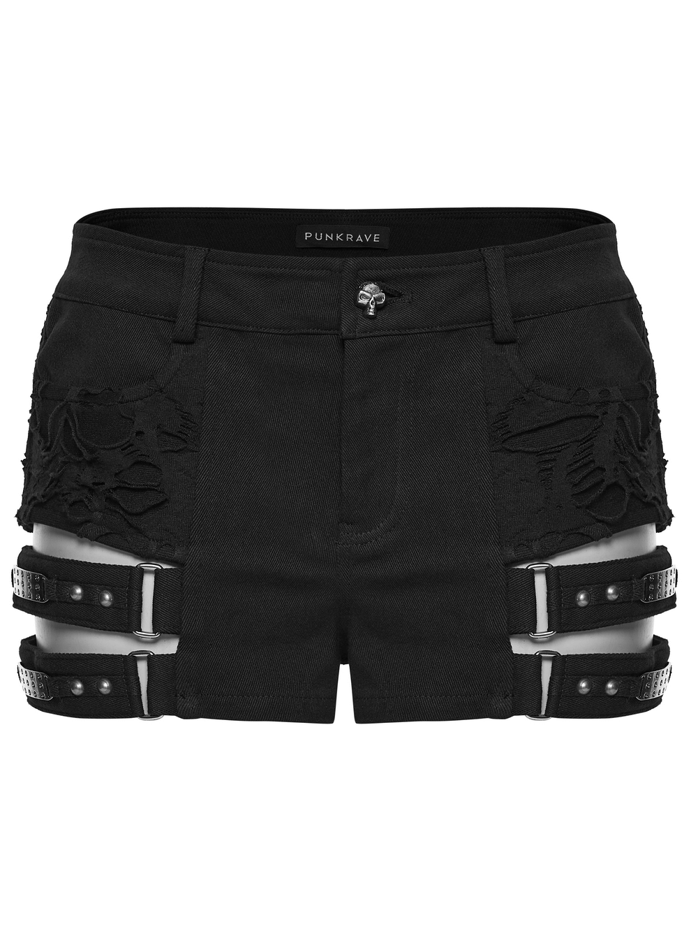 Gothic Punk Cutout Denim Shorts with Harness Straps featuring bold side cutouts and harness-style details.