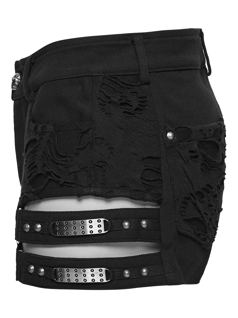 Gothic Punk Cutout Denim Shorts with Harness Straps showcasing side cutouts and metal loop accents.