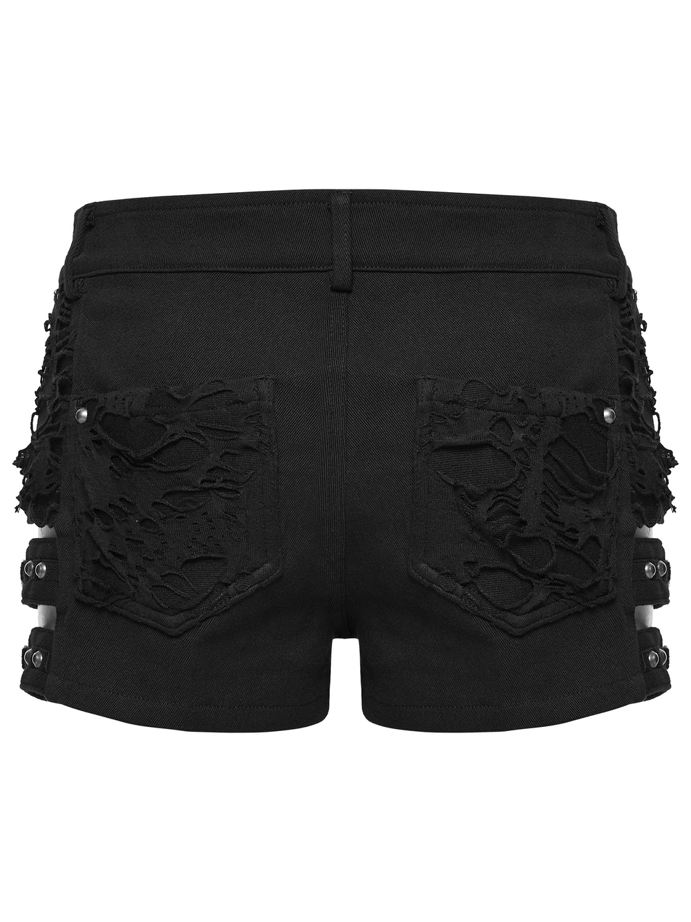 Gothic Punk Cutout Denim Shorts with Harness Straps - back view showcasing tattered pockets and metal accents.