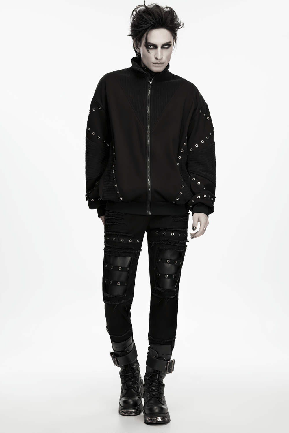 Gothic Punk Distressed Tapered Pants with Eyelet Straps, black techwear pants with faux leather knee panels