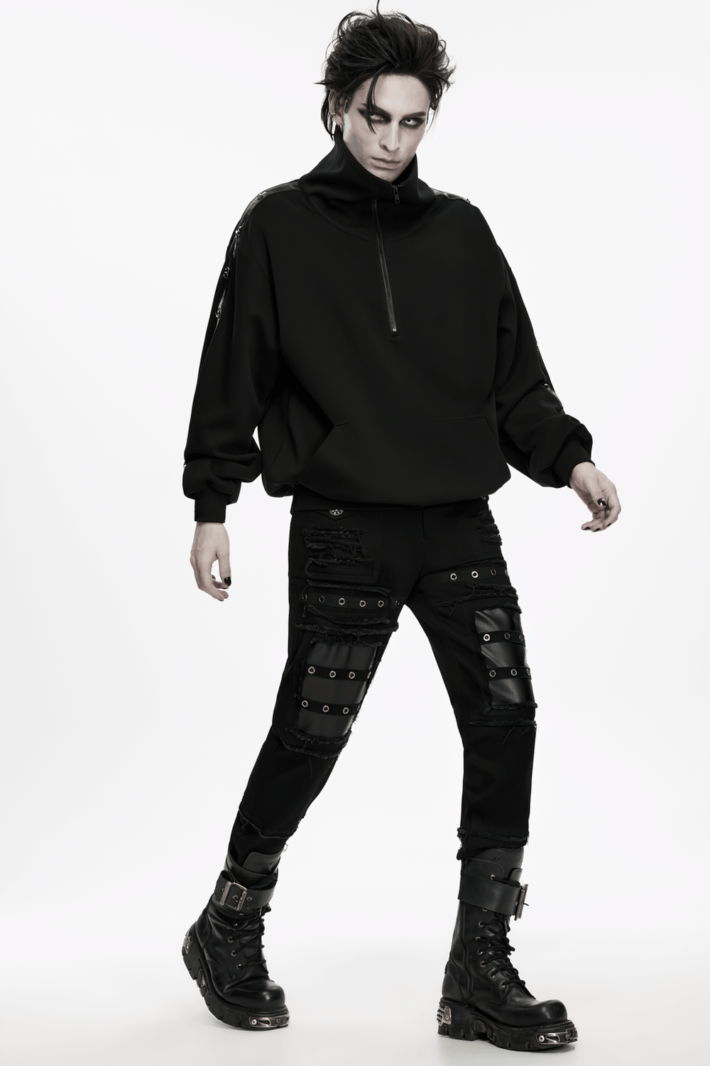 Gothic Punk Distressed Tapered Pants with Eyelet Straps, black techwear pants with faux leather knee panels and frayed details