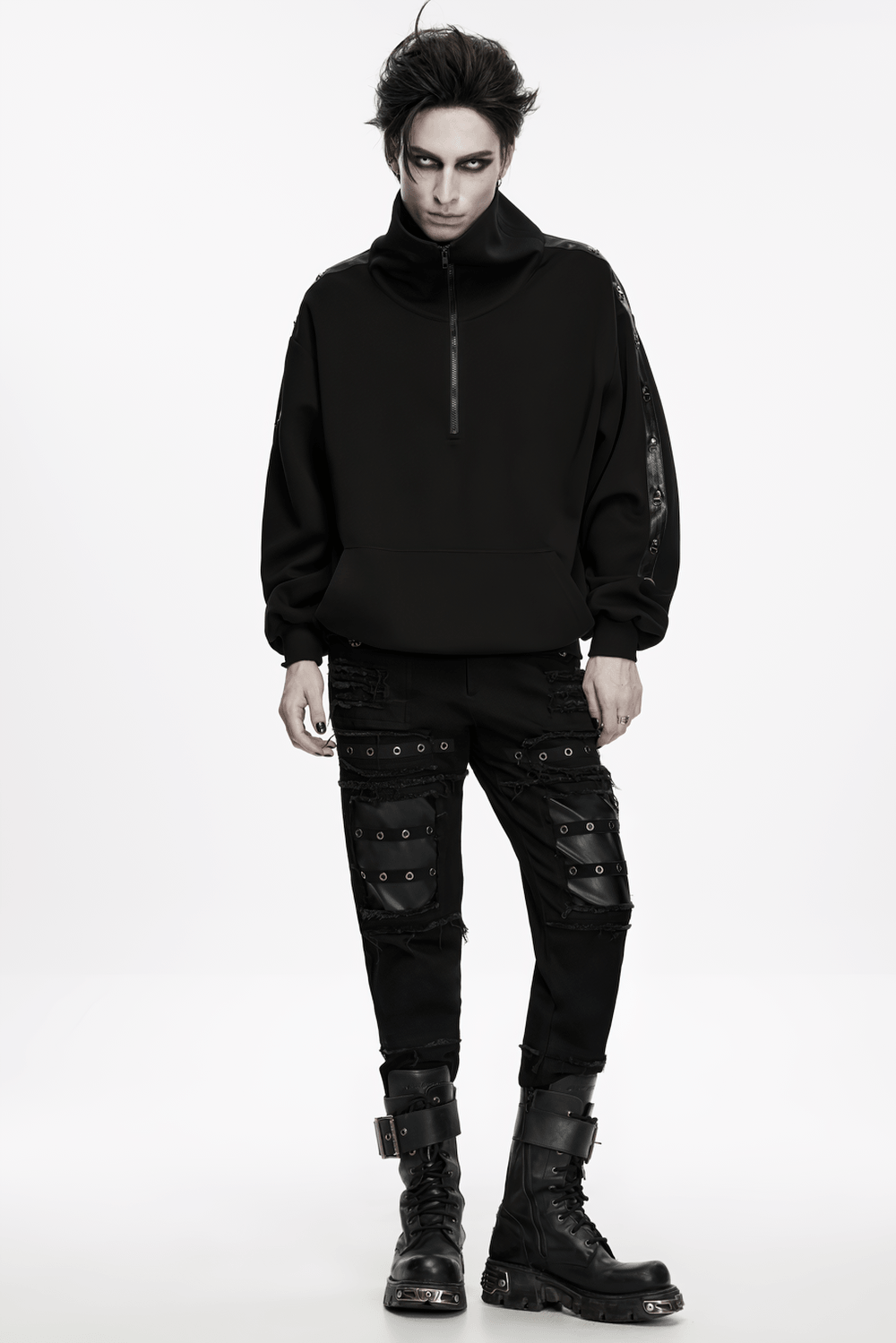 Gothic Punk Distressed Tapered Pants with Eyelet Straps, black techwear style with faux leather knee panels