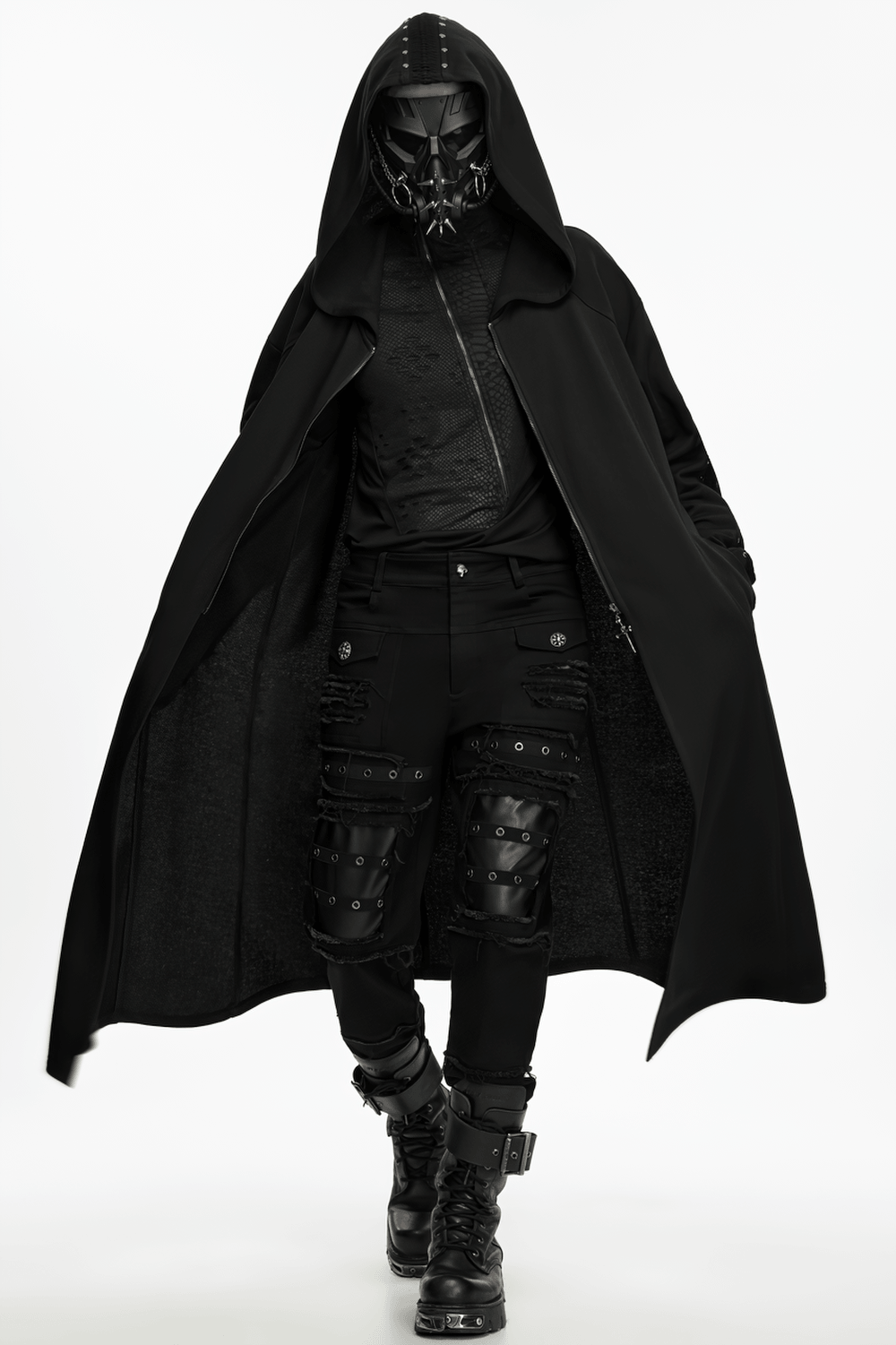 Gothic Punk Distressed Tapered Pants with Eyelet Straps, black techwear pants with faux leather knee panels and frayed details