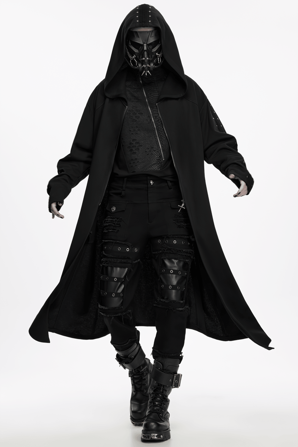 Gothic Punk Distressed Tapered Pants with Eyelet Straps, black techwear pants with faux leather knee panels and frayed details