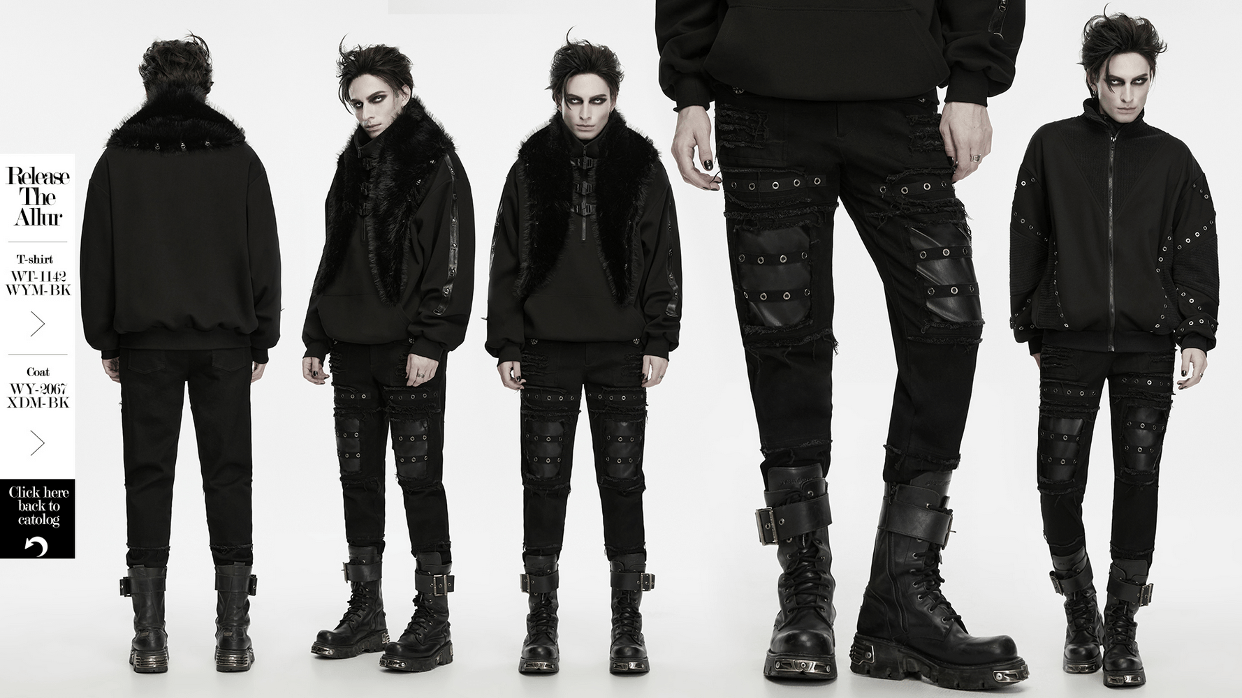 Gothic Punk Distressed Tapered Pants with Eyelet Straps, black battle-worn techwear with faux leather knee panels