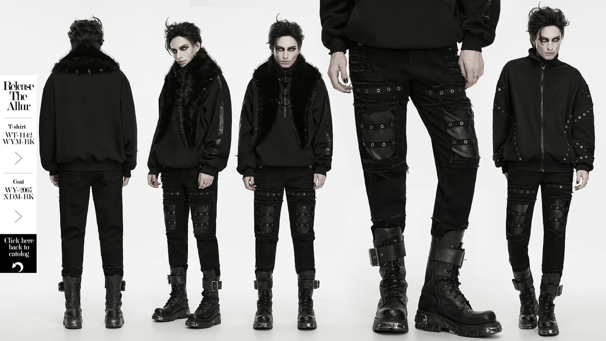Gothic Punk Distressed Tapered Pants with Eyelet Straps, black battle-worn techwear with faux leather knee panels