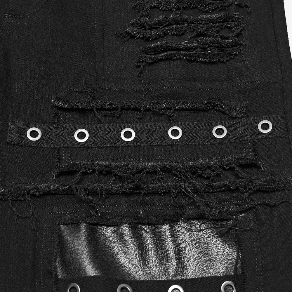 Gothic Punk Distressed Tapered Pants with Eyelet Straps, black techwear style with frayed layers and faux leather knee panels