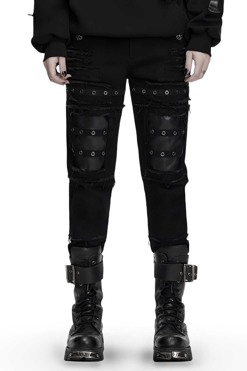 Gothic Punk Distressed Tapered Pants with Eyelet Straps, black techwear pants with faux leather knee panels and frayed details
