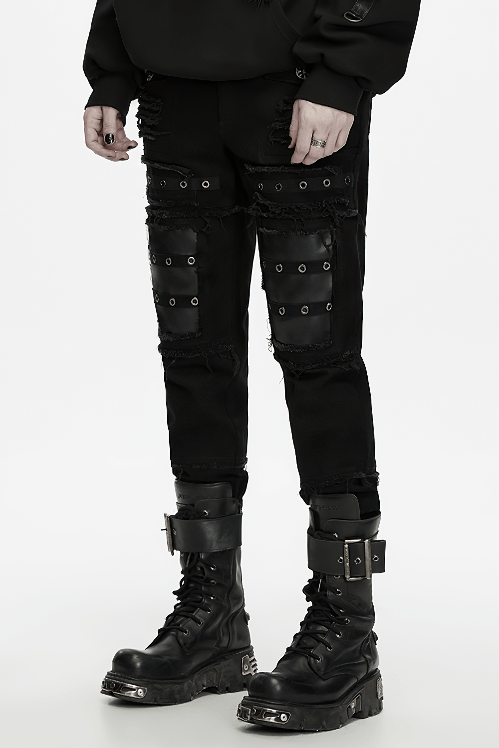 Gothic Punk Distressed Tapered Pants with Eyelet Straps black techwear trousers with faux leather knee panels