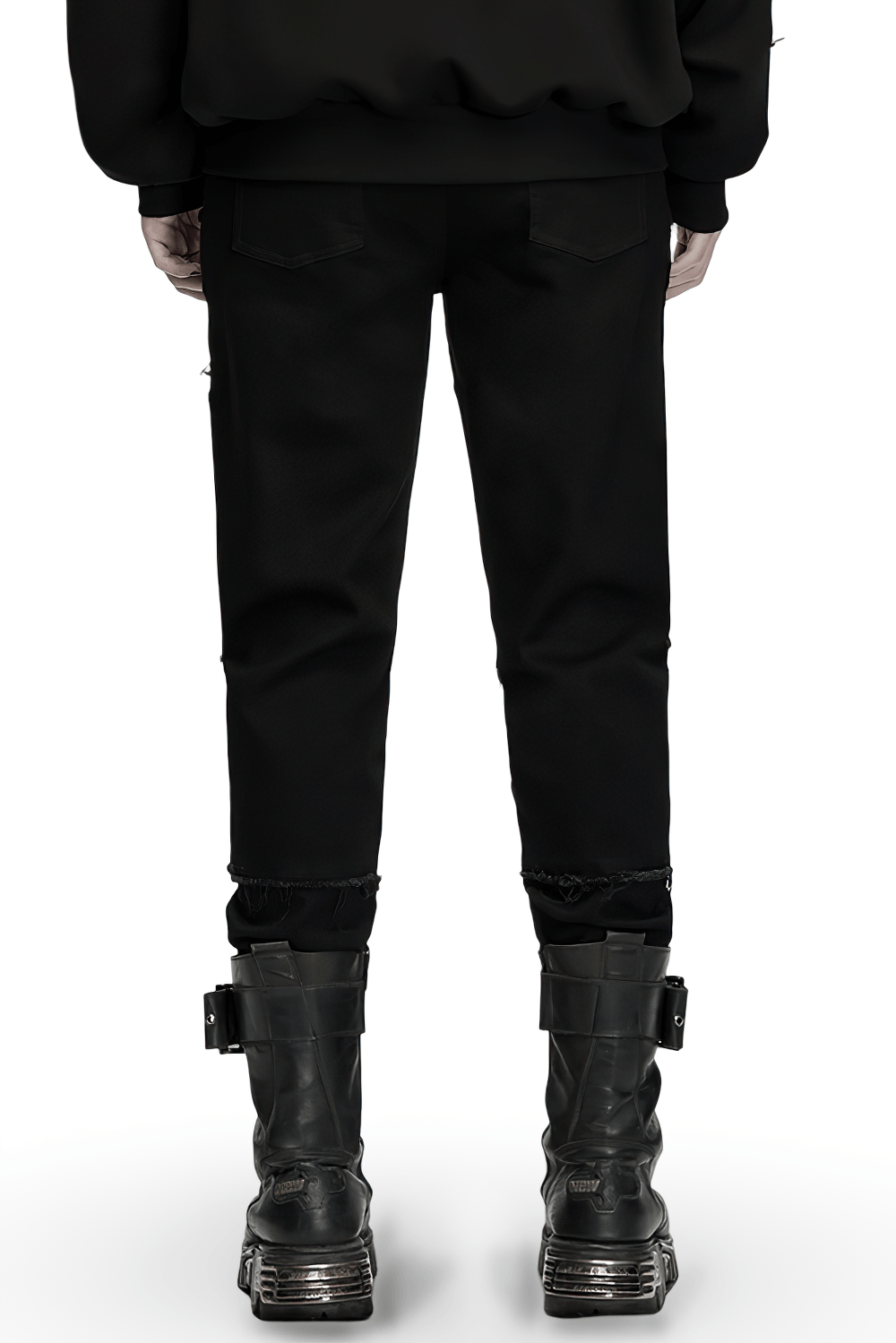 Gothic Punk Distressed Tapered Pants with Eyelet Straps, black techwear pants with faux leather knee panels and frayed hems