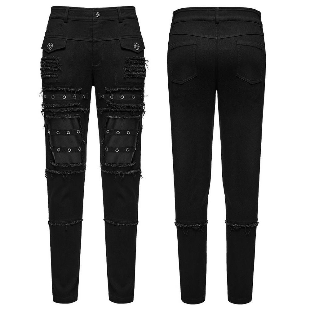 Gothic Punk Distressed Tapered Pants with Eyelet Straps black, frayed knee panels and techwear cargo detail