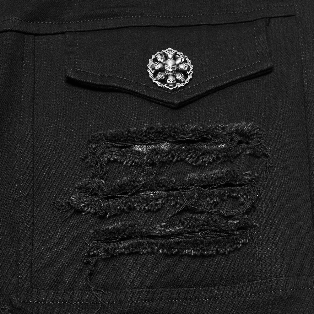 Gothic Punk Distressed Tapered Pants with Eyelet Straps, black techwear pants with frayed layers and skull button detail