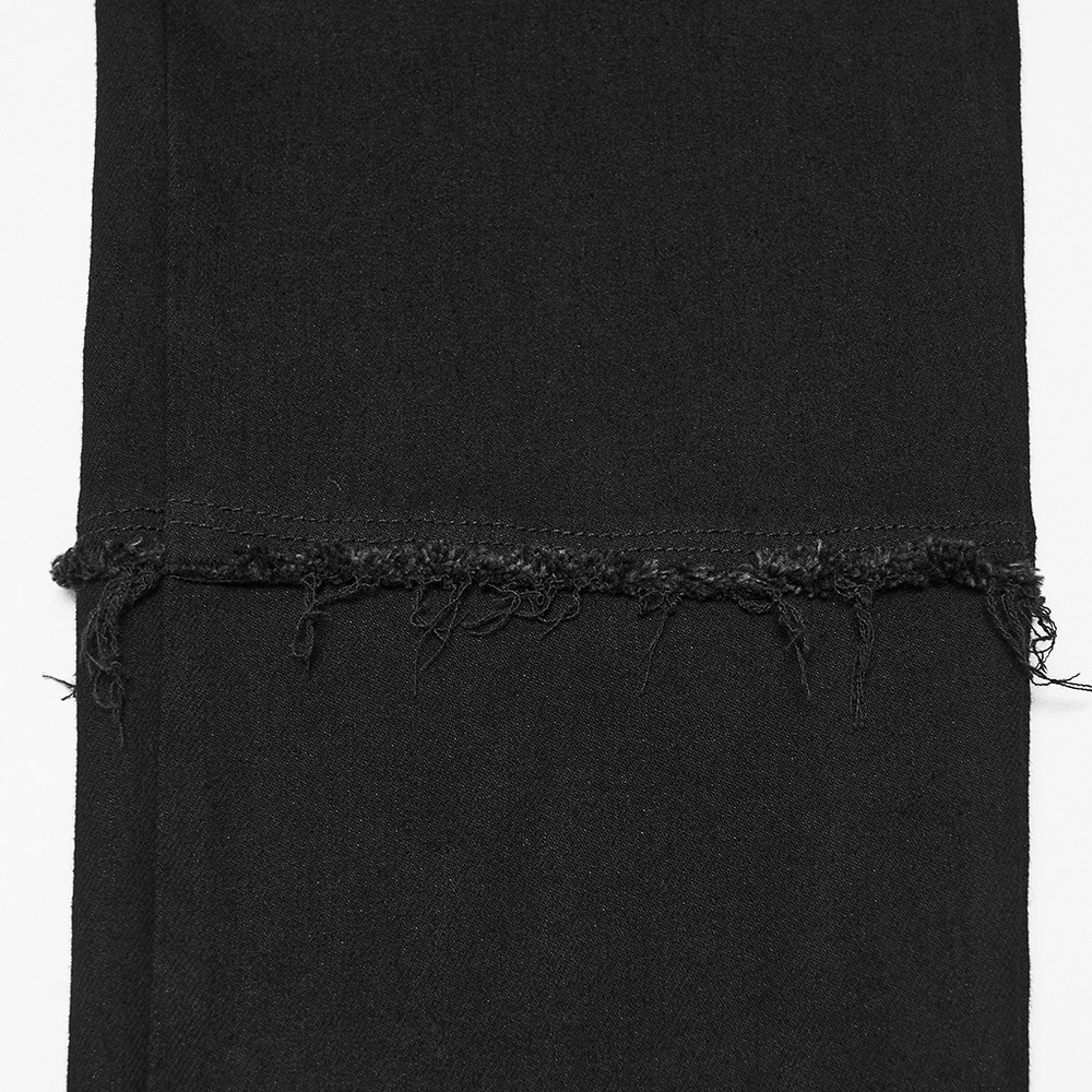Gothic Punk Distressed Tapered Pants with Eyelet Straps, black frayed techwear knee detail
