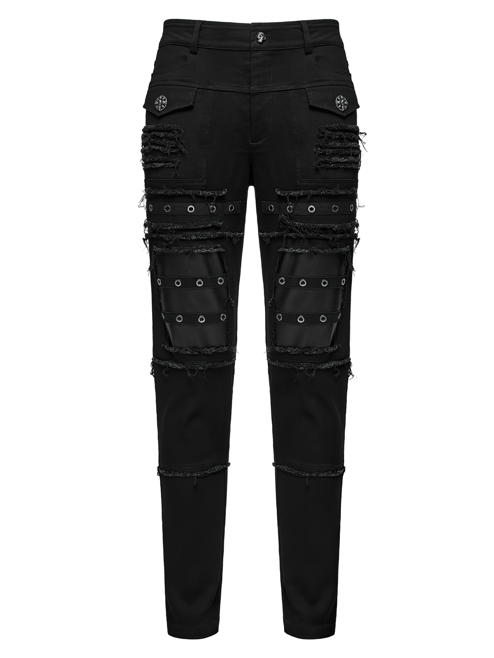 Gothic Punk Distressed Tapered Pants with Eyelet Straps, black techwear pants with frayed details and faux leather knee panels