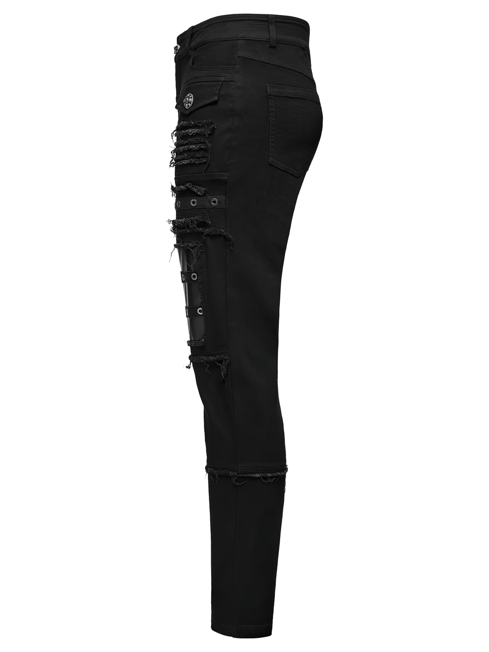 Gothic Punk Distressed Tapered Pants with Eyelet Straps, black side view with frayed panels and faux leather knee detail