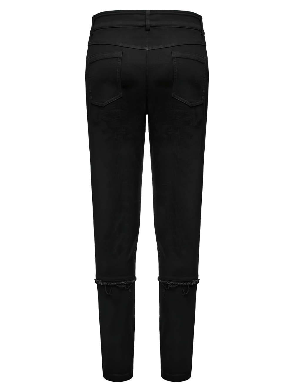 Gothic Punk Distressed Tapered Pants with Eyelet Straps, black techwear pants with frayed hems and faux leather knee panels