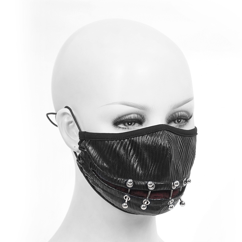 Stylish black Gothic punk face mask for men with silver piercing rings in a cyberpunk design.