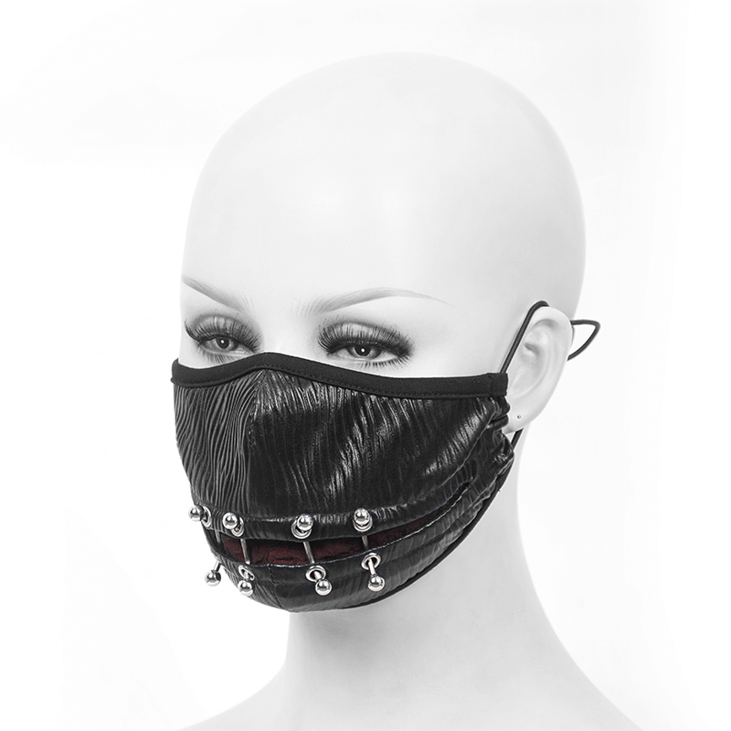 Gothic punk black face mask for men with piercing rings, stylish cyberpunk accessory for edgy outfits.