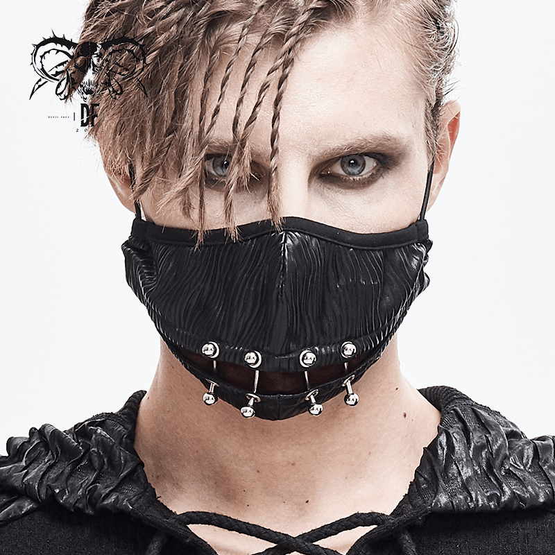 Stylish Gothic punk face mask for men in black with silver piercing rings, perfect for cyberpunk fashion.
