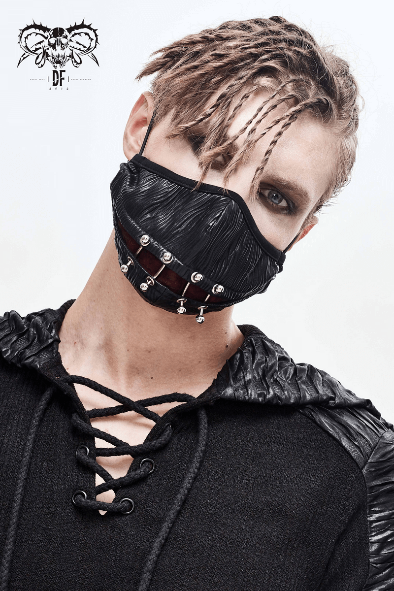 Gothic punk black face mask for men with silver piercing rings, perfect cyberpunk accessory.