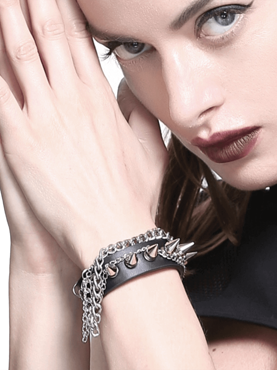 Gothic Punk Faux Leather Bracelet With Chain / Black Adjustable Wristbands with Studs - HARD'N'HEAVY