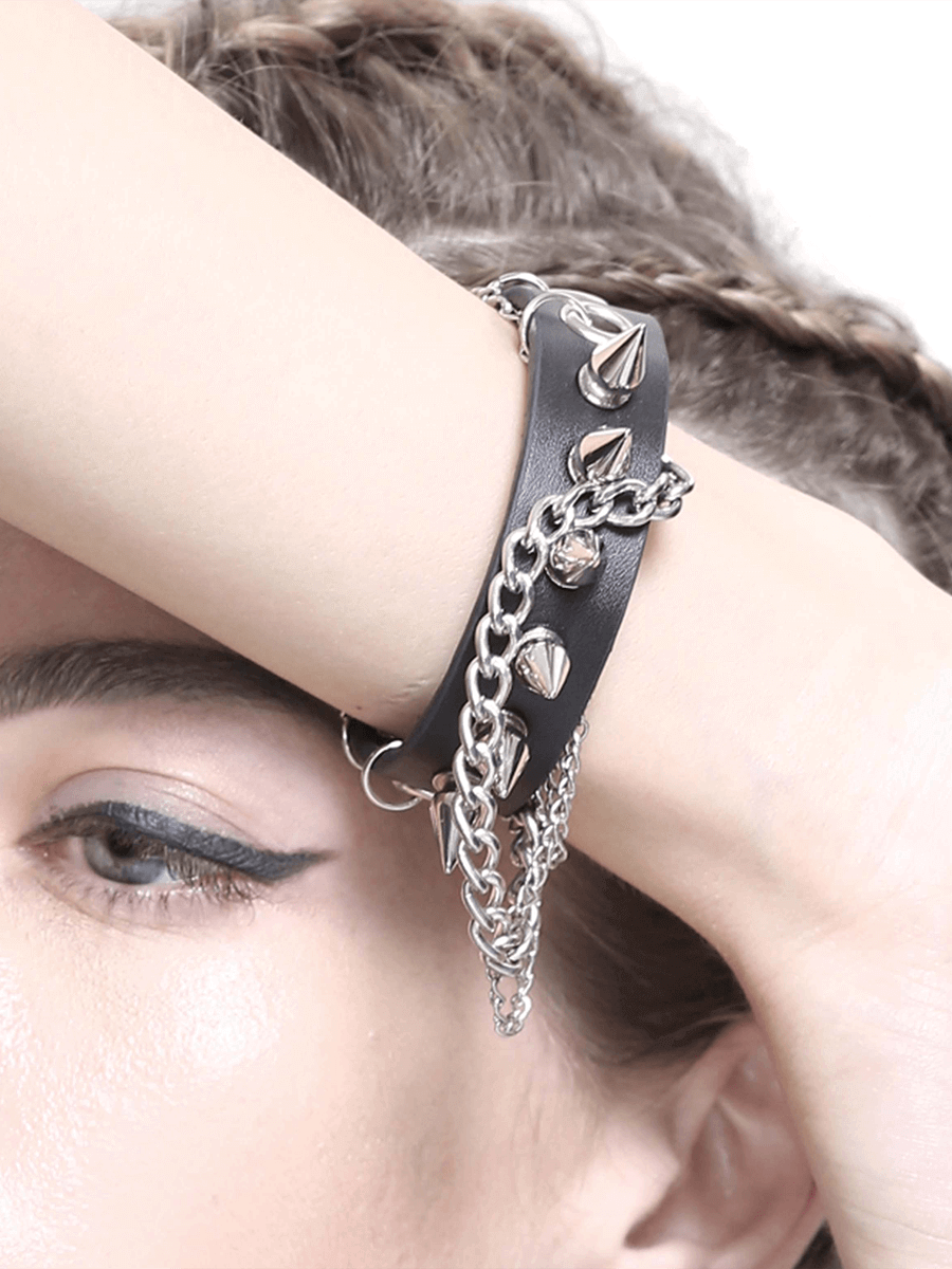 Gothic Punk Faux Leather Bracelet With Chain / Black Adjustable Wristbands with Studs - HARD'N'HEAVY