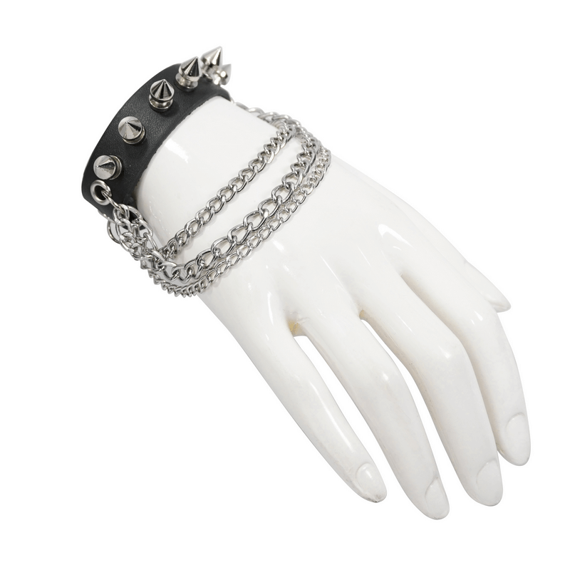 Gothic punk faux leather bracelet with chains and spikes displayed on a white hand mannequin.
