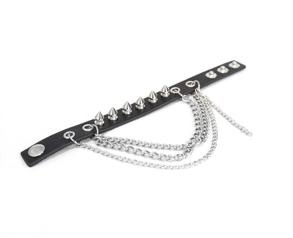 Gothic punk faux leather bracelet with silver spikes and chains, a stylish unisex accessory for edgy outfits.