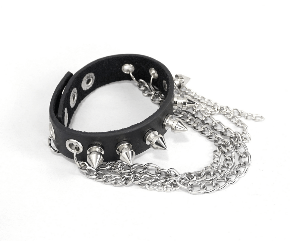 Gothic punk faux leather bracelet with silver spikes and chain, unisex adjustable wristband accessory.