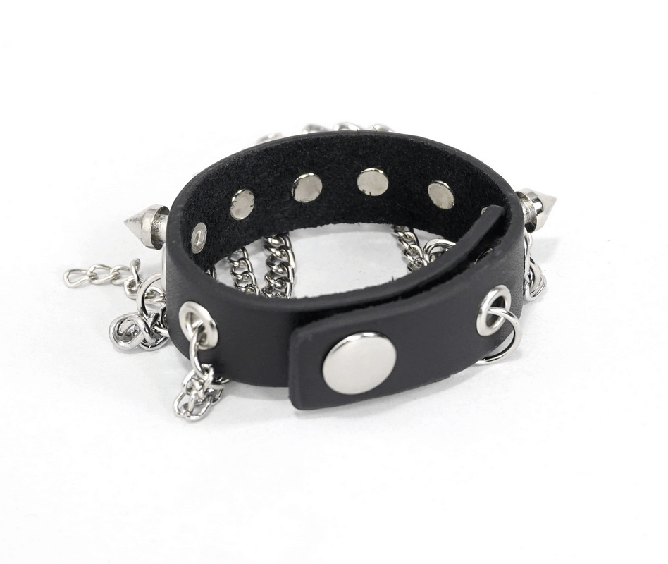 Unisex black faux leather bracelet with chains and spikes, perfect punk accessory for any outfit.