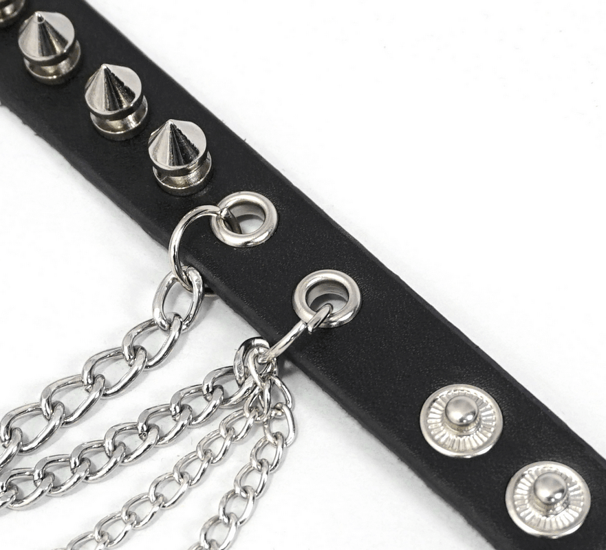 Close-up of Gothic punk faux leather bracelet featuring silver spikes and chain, perfect for unisex punk fashion.
