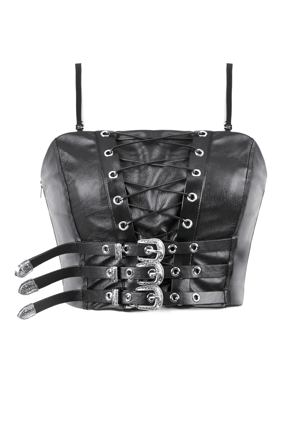 Gothic punk faux leather corset top with lace-up front and triple side buckles for a bold alternative style.
