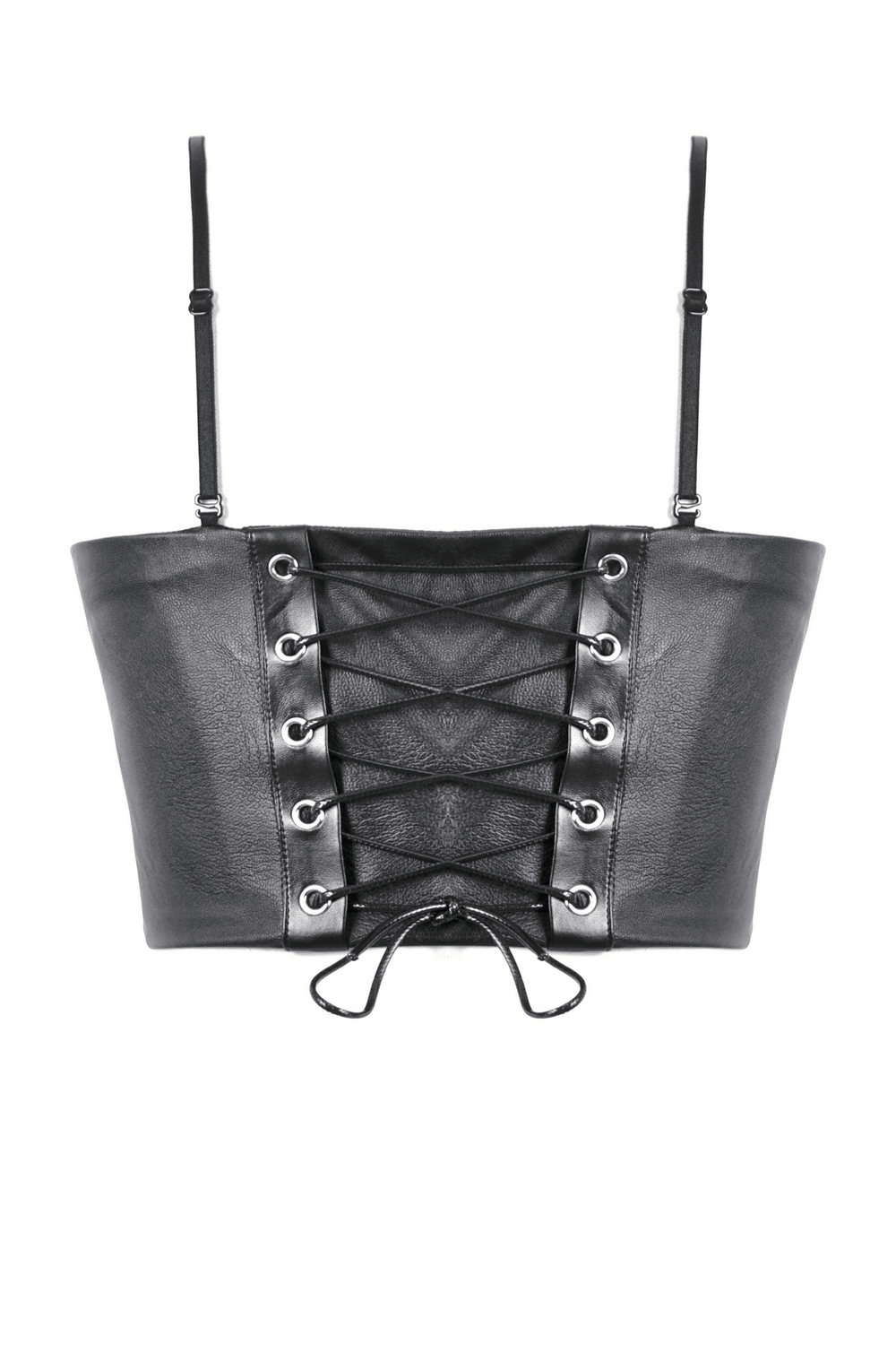 Gothic punk faux leather corset top with lace-up front and adjustable straps for an edgy style.