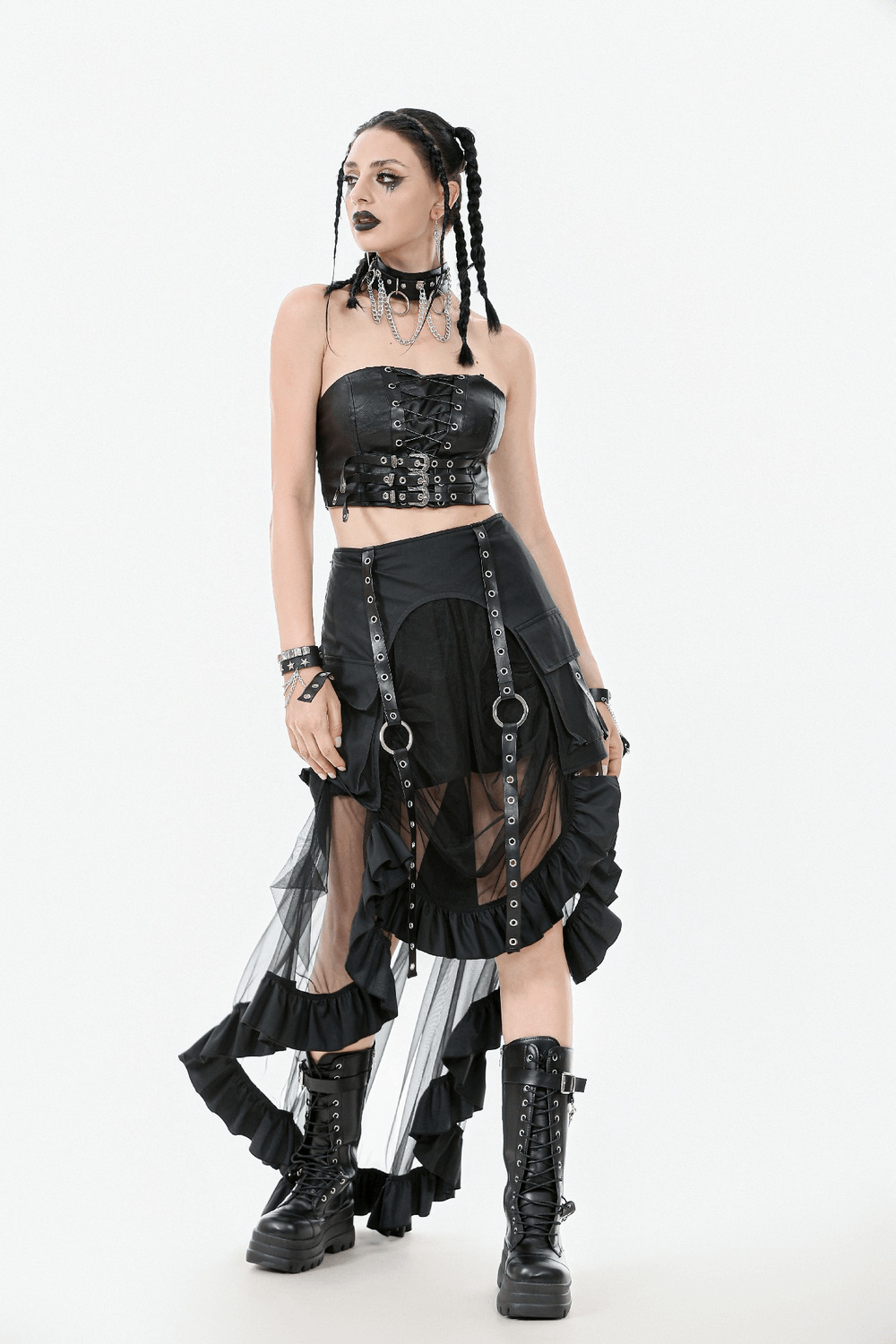 Gothic punk model wearing a faux leather corset top with lace-up details and layered skirt, showcasing an edgy alternative style.