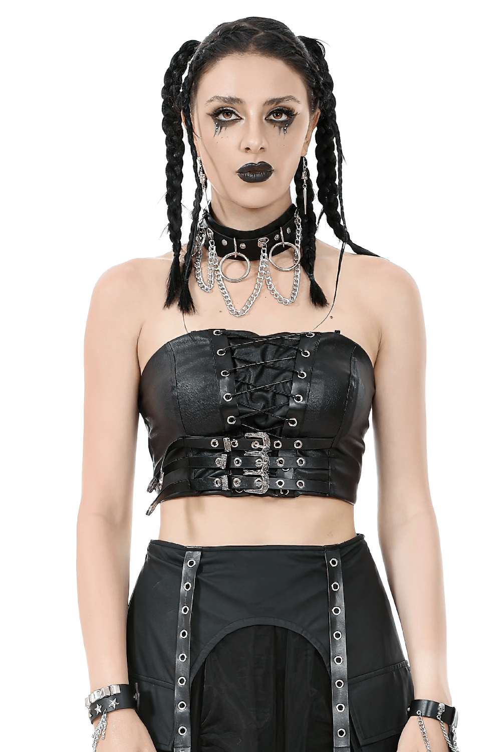 Gothic punk faux leather corset top with lace-up front and side buckles, stylishly paired with punk accessories.