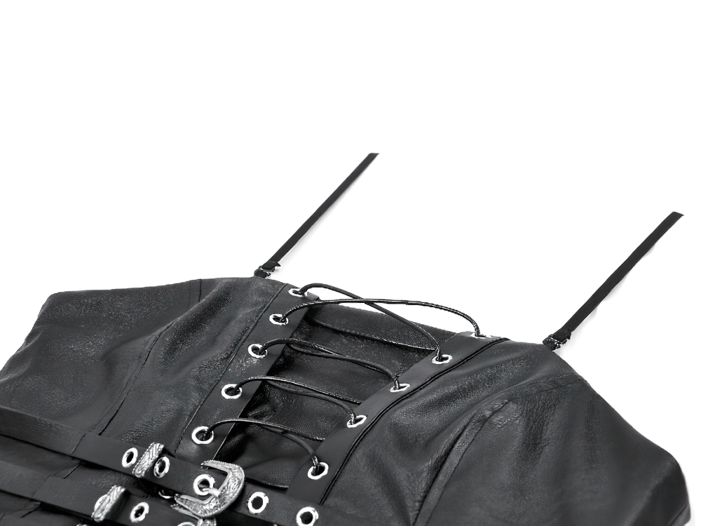 Gothic punk faux leather corset top featuring lace-up front and triple side buckles for edgy style.