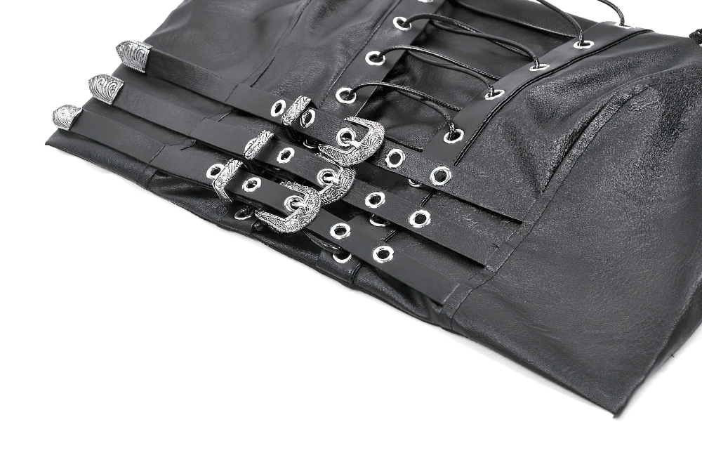 Gothic punk faux leather corset top with lace-up details and triple buckles for an edgy alternative style.