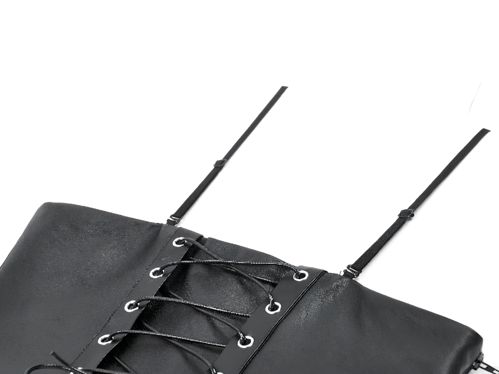 Close-up of gothic punk faux leather corset top with lace-up detailing and adjustable straps for a secure fit.