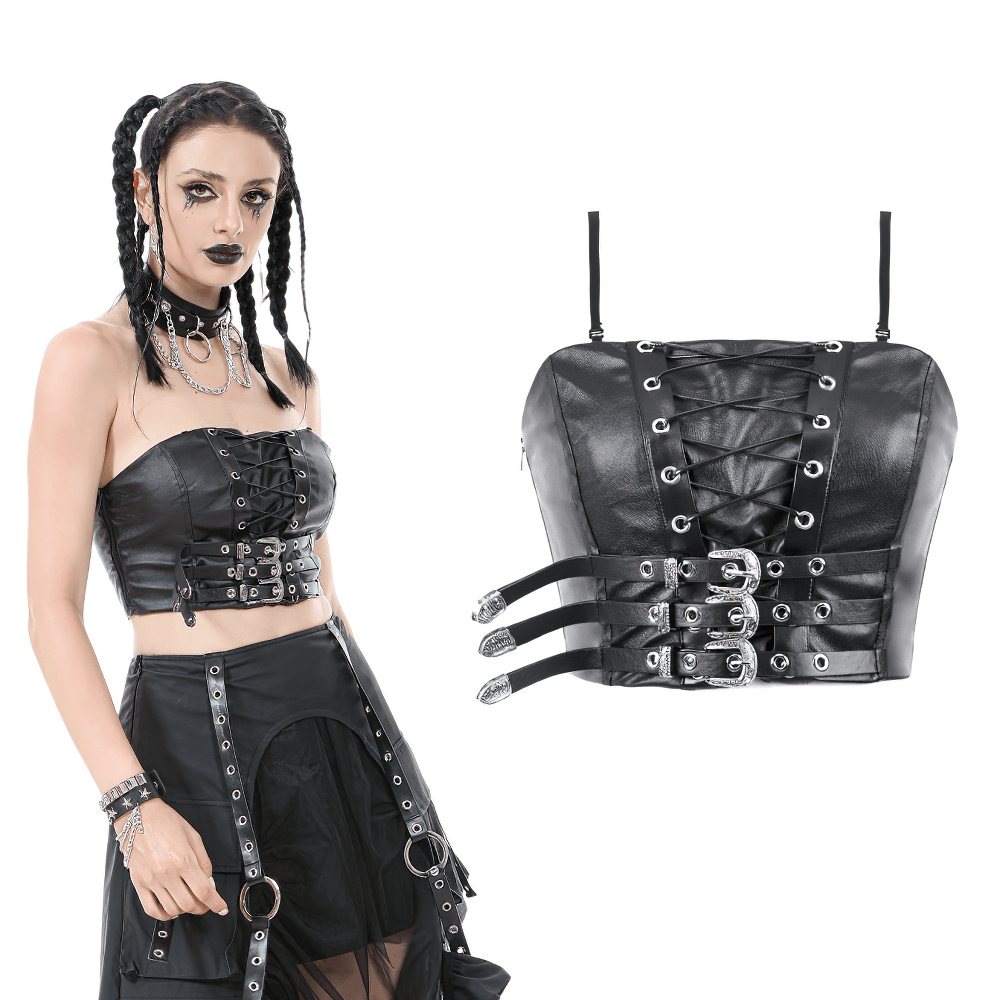 Gothic punk faux leather corset top with lace-up details and buckles for edgy alternative style.