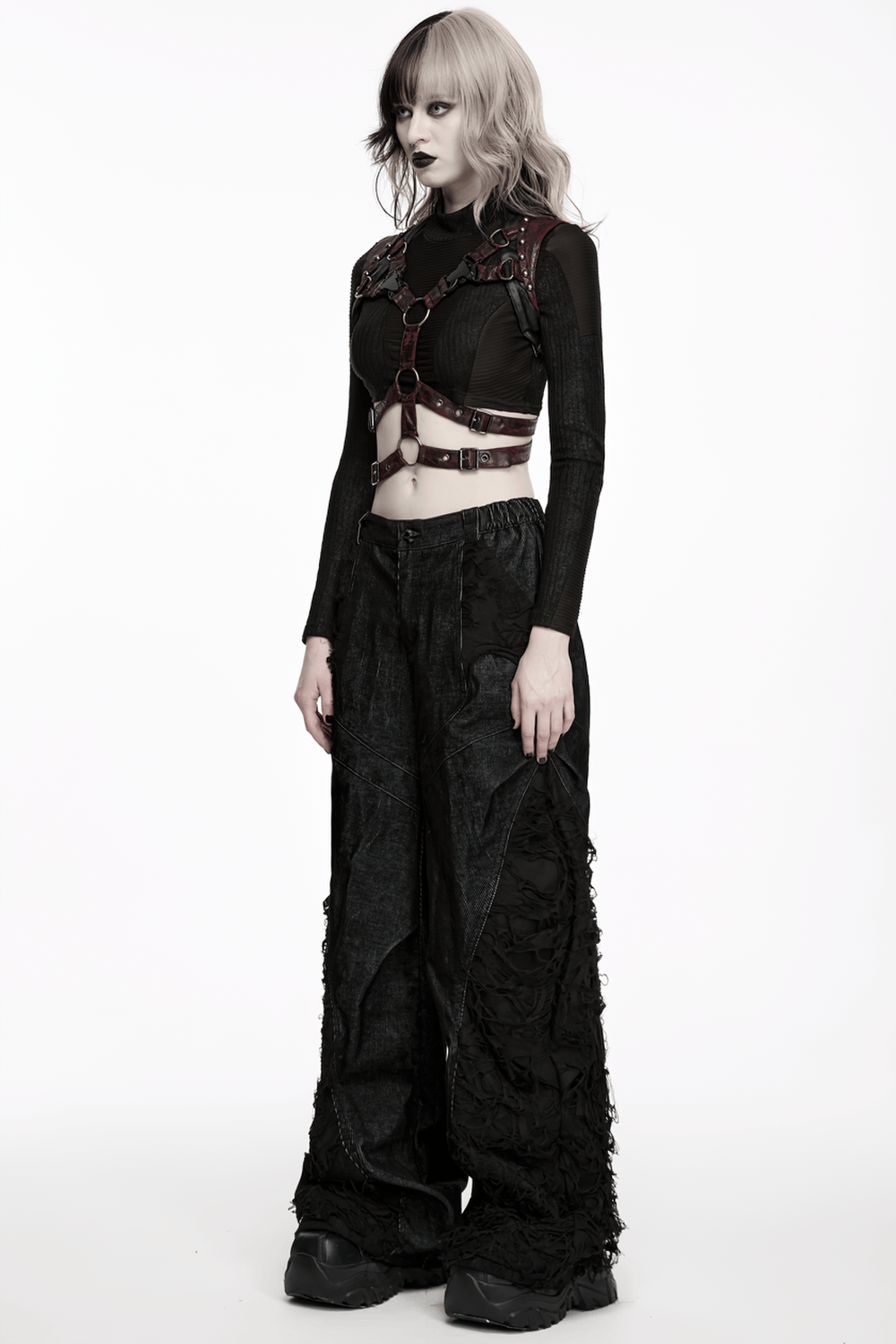 Gothic Punk Faux Leather Chest Harness with Metal Rings, dark red and black adjustable strappy cage-style goth look