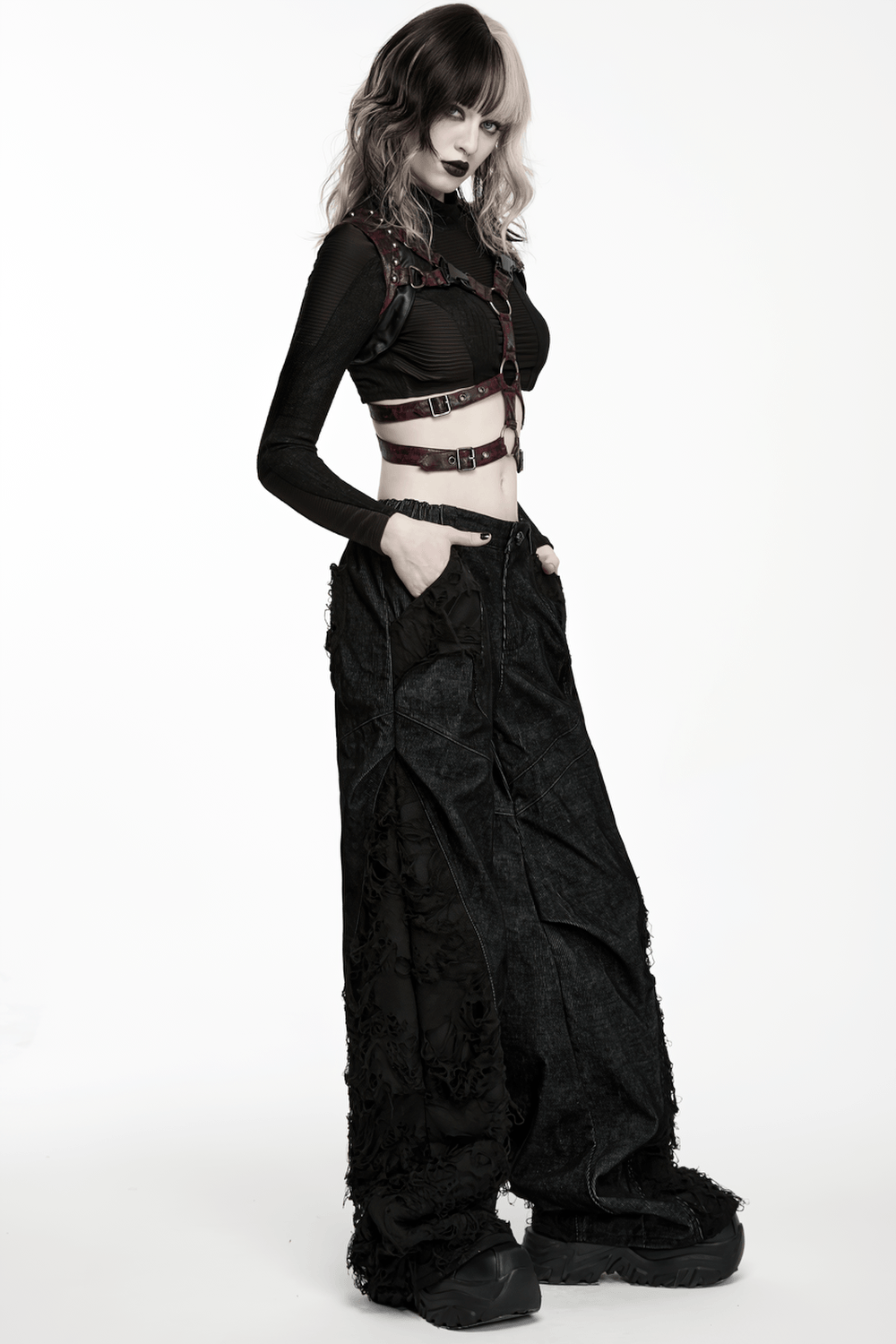 Gothic Punk Faux Leather Chest Harness with Metal Rings, dark red and black adjustable punk harness with studded buckles