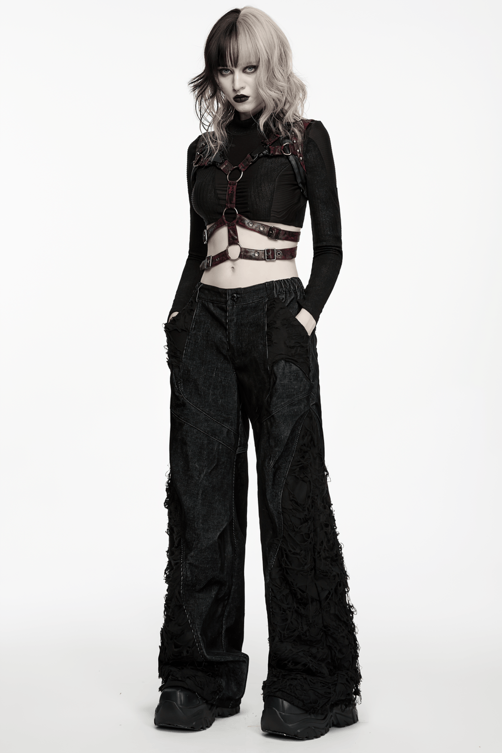 Gothic Punk Faux Leather Chest Harness with Metal Rings, dark red and black adjustable punk harness with buckles