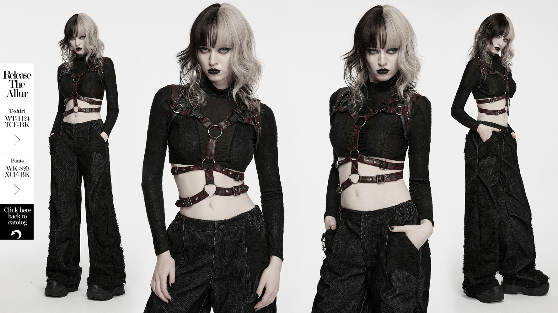 Gothic Punk Faux Leather Chest Harness with Metal Rings, dark red cage-style straps over a black sheer top