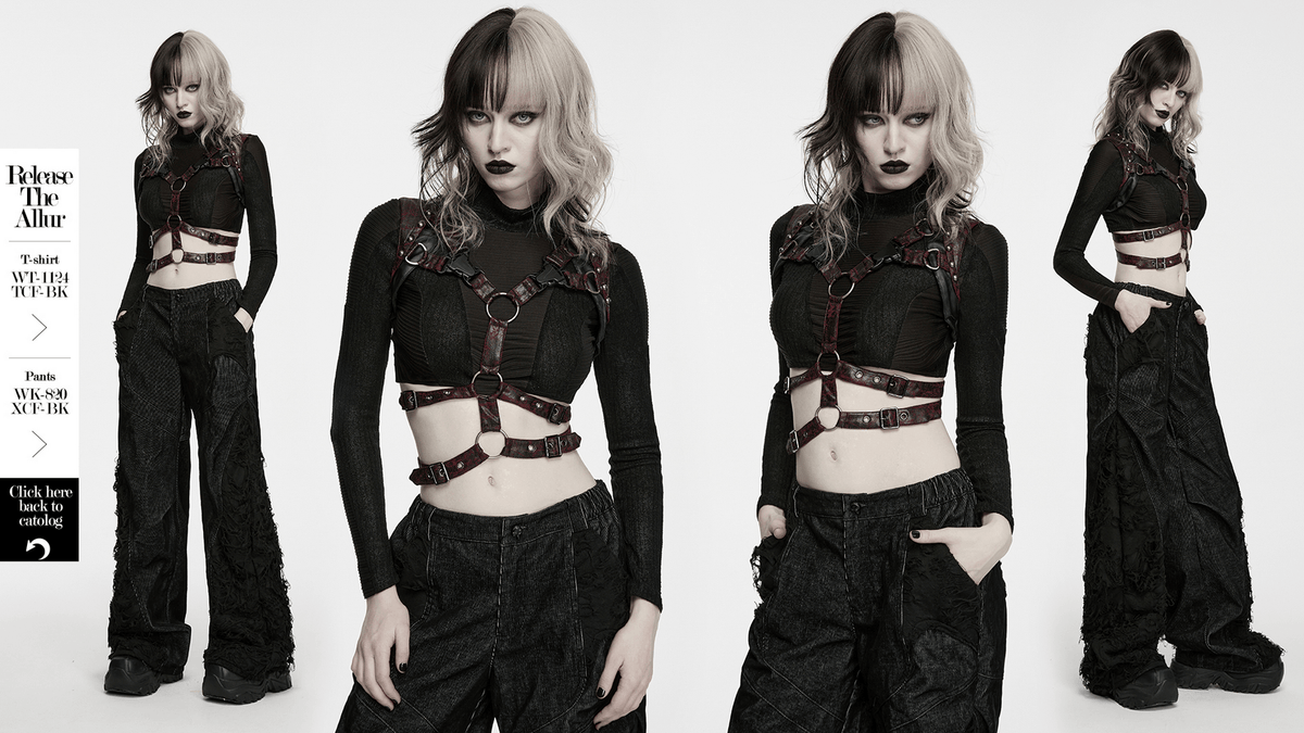 Gothic Punk Faux Leather Chest Harness with Metal Rings, dark red cage-style straps over a black sheer top