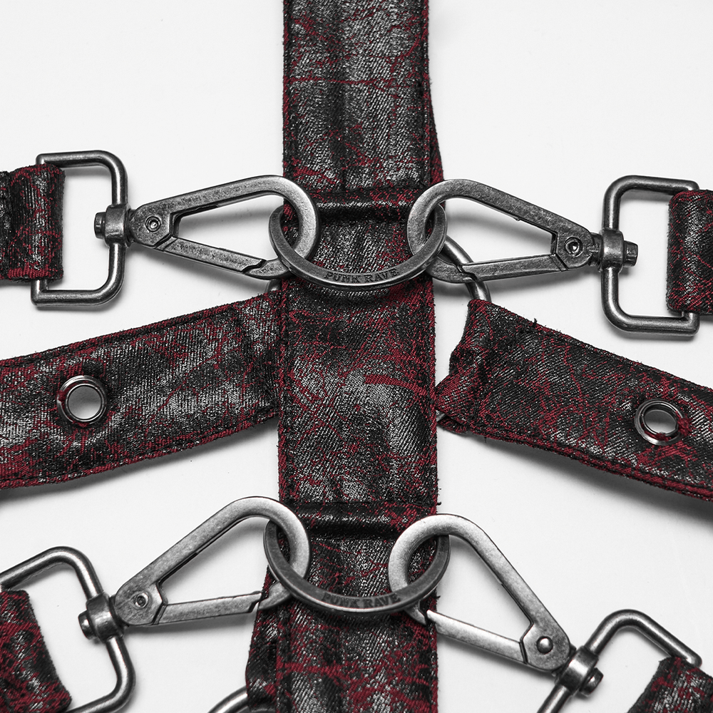 Gothic Punk Faux Leather Chest Harness with Metal Rings, dark red and black punk cage-style straps with buckles