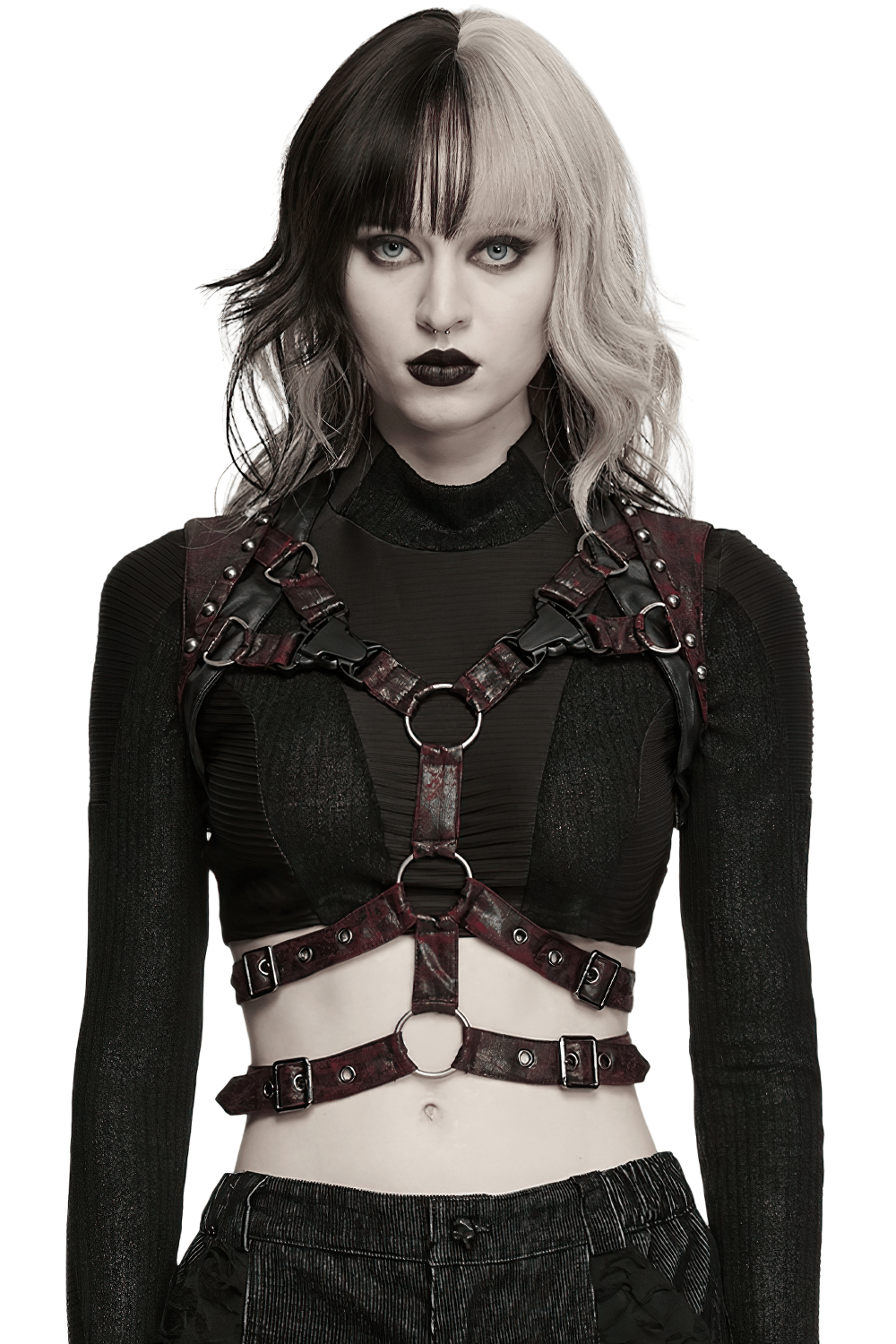 Gothic Punk Faux Leather Chest Harness with Metal Rings, dark red and black cage-style adjustable straps