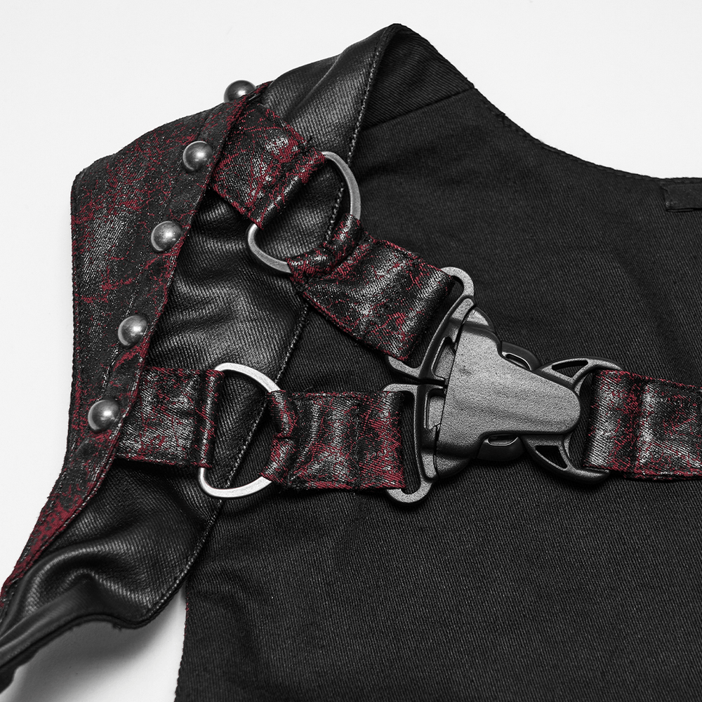 Gothic Punk Faux Leather Chest Harness with Metal Rings, dark red and black adjustable harness with studded buckles